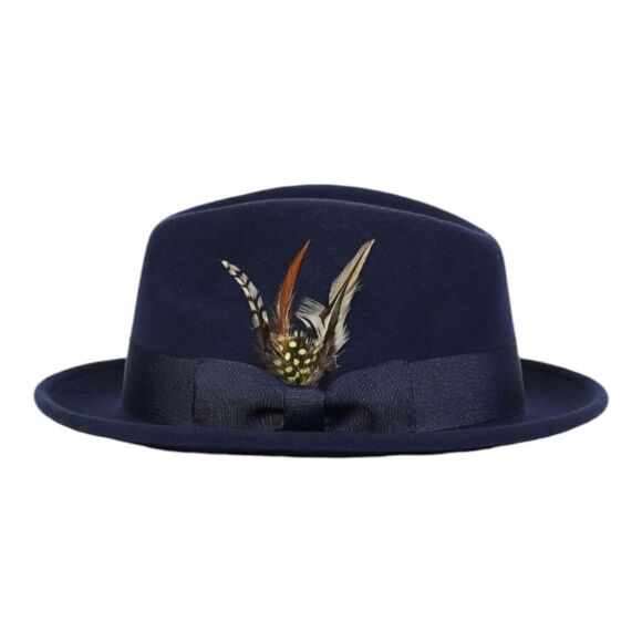MEN'S MONTIQUE 2" SNAP BRIM CRUSHABLE 100% WOOL FELT FEDORA HAT. H10 NAVY. - Picture 1 of 6